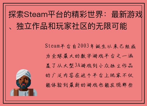 探索Steam平台的精彩世界：最新游戏、独立作品和玩家社区的无限可能