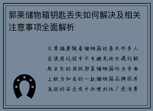郭莱储物箱钥匙丢失如何解决及相关注意事项全面解析