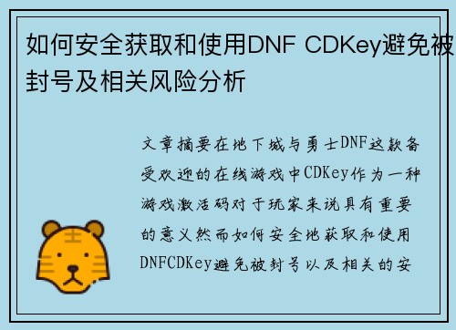 如何安全获取和使用DNF CDKey避免被封号及相关风险分析 如何安全获取和使用DNF CDKey避免被封号及相关风险分析
